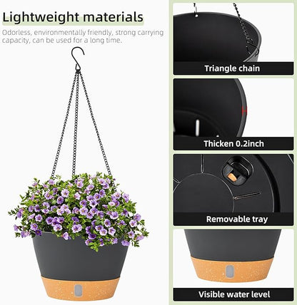 QCQHDU 2 Pack 8 Inch Hanging Planters for Indoor Outdoor Plants, Hanging Baskets Flower Pots with Reservoir Tray & Visible Water-Level