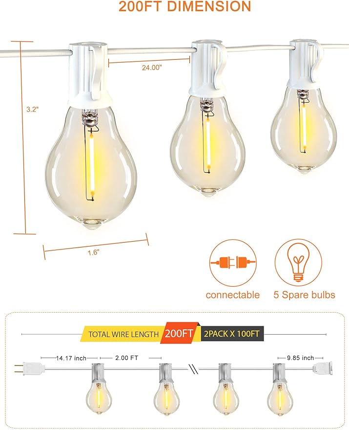 DAMAING Outdoor String Lights 200FT(2x100FT) Waterproof Patio Lights with 105 Plastic Dimmable LED Edison Bulbs,Connectable Outdoor Lighting for Backyard,Garden and Wedding Outside, 2200K White Cord