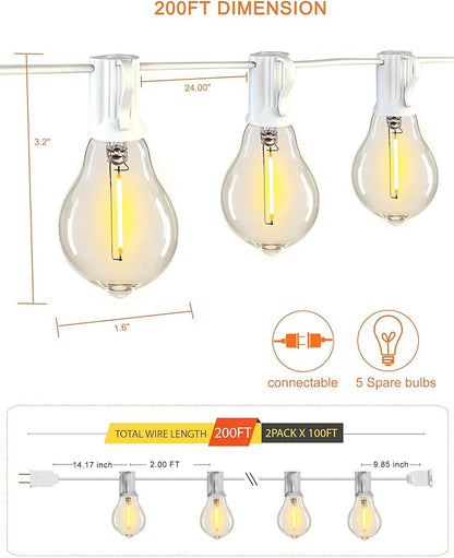 DAMAING Outdoor String Lights 200FT(2x100FT) Waterproof Patio Lights with 105 Plastic Dimmable LED Edison Bulbs,Connectable Outdoor Lighting for Backyard,Garden and Wedding Outside, 2200K White Cord