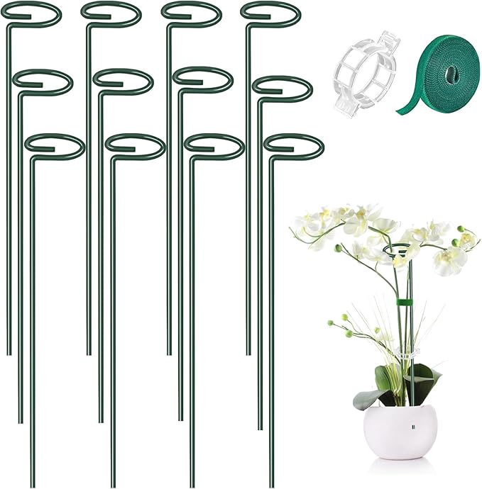 MAFONE 12 Pack 16inch Plant Support Stakes, Plant Stick Garden Single Stem Flower Support Stake Plant Cage Support Rings with 20pcs Plant Clips and Plant Ties for Tomato Orchid Lily Peony Rose Bean