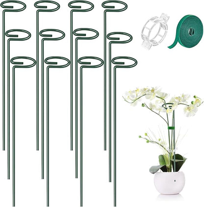 MAFONE 12 Pack 16inch Plant Support Stakes, Plant Stick Garden Single Stem Flower Support Stake Plant Cage Support Rings with 20pcs Plant Clips and Plant Ties for Tomato Orchid Lily Peony Rose Bean