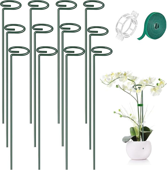 MAFONE 12 Pack 16inch Plant Support Stakes, Plant Stick Garden Single Stem Flower Support Stake Plant Cage Support Rings with 20pcs Plant Clips and Plant Ties for Tomato Orchid Lily Peony Rose Bean