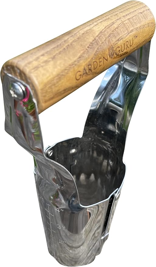 Garden Guru Eco Bulb Planter - 100% Recycled Stainless Steel - Rust Resistant - FSC Certified Wood Ergonomic Handle - Depth Marker for Consistent Planting Flowers Tulips, Dahlias - 1 Case (24 Pcs)