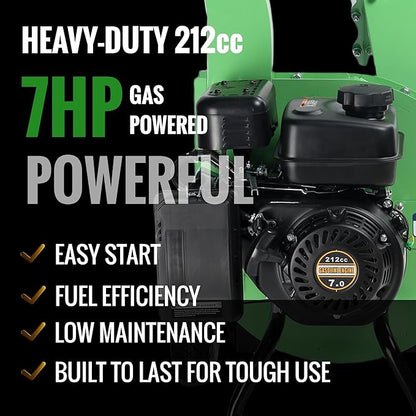 S1 Wood Chipper, 20: 1 High Reduction Ratio, 7 HP 212cc Heavy Duty Engine Gas Powered, 3" Max Wood Diameter Capacity, Robust Shredder Mulcher with Large Cutting Rotor