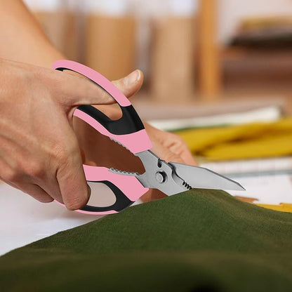 8-Inch Utility Scissors All Purpose Heavy Duty, Serrated Blade, Pink Comfort Grip for Cutting Carpet, Cardboard, Leather, Fabric, Multipurpose Sharp Shears for Kitchen, Garden, Office, Carft
