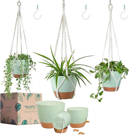 Larege Hanging Planters with Macrame Plant Hangers for Indoor Outdoor Plants 3 Set 10" / 8" / 7" Self Watering Pots Hanging Baskets Flower Pot Holders 3 Different Size Green Large