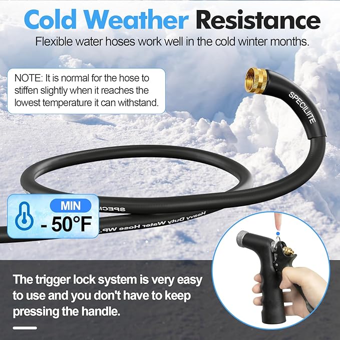 SPECILITE 3/4" Hot/Cold Garden Hose 50 ft with Industrial High Pressure Nozzle, Flexible & Lightweight, 600psi Burst Rubber Water hose -50℉-158℉ With 3/4" Brass Fittings for Yard, Black