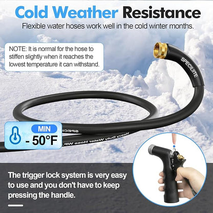 SPECILITE 3/4" Hot/Cold Garden Hose 50 ft with Industrial High Pressure Nozzle, Flexible & Lightweight, 600psi Burst Rubber Water hose -50℉-158℉ With 3/4" Brass Fittings for Yard, Black