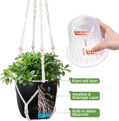 2-Pack 5.7-Inch Self-Watering Hanging Planters for Indoor & Outdoor Plants,34Inch Macrame Hanger Plant Pots Indoor with Drainage,Small Hanging Planters & Baskets,With Two Sets of Hooks（Pure black）