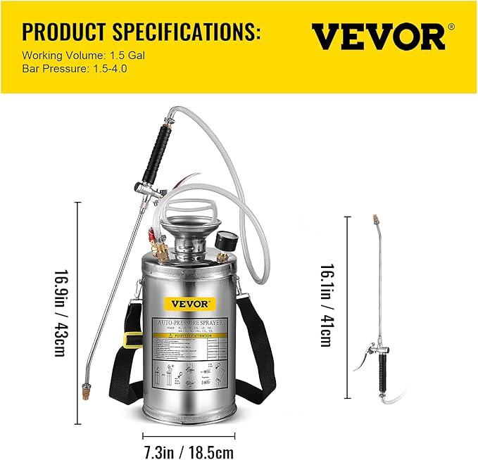 Happybuy 1.5 Gallon Stainless Steel Sprayer, 16" Wand&3.3FT Reinforced Hose, Hand Pump Sprayer with Pressure Gauge, Safety Valve&Adjustable Nozzle, Weed Sprayers for Lawn, Gardening & Sanitizing