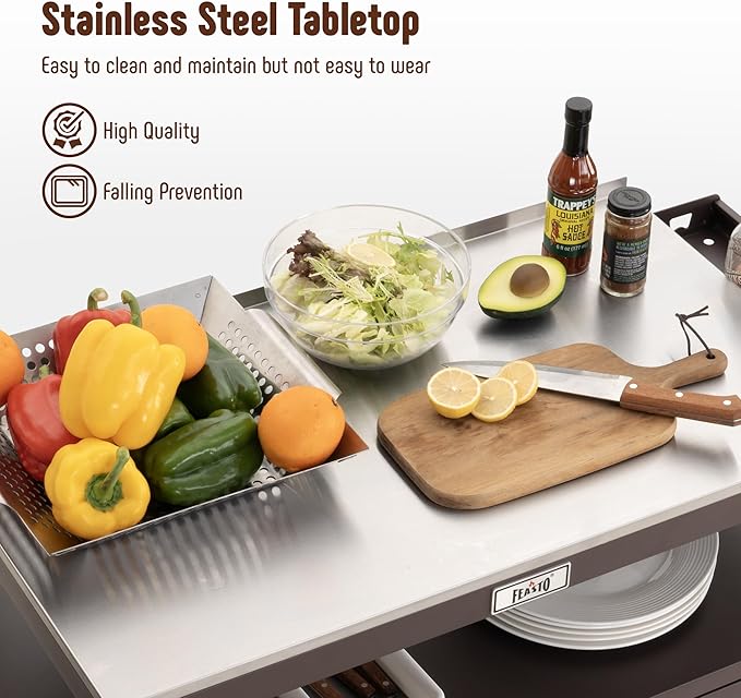 Outdoor Grill Cart with Stainless Steel Tabletop and Storage Cabinet, Movable Kitchen Island with Wheels for BBQ Food Prep, Brown