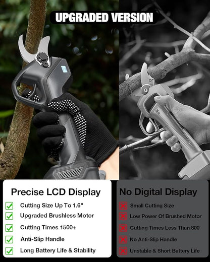 Upgraded Electric Pruning Shears, 1.6" Cutting Diameter Cordless Pruner with LCD Display, Brushless Motor, 2×2.0Ah Rechargeable Batteries & Extra Blade for Garden Trees and Branches