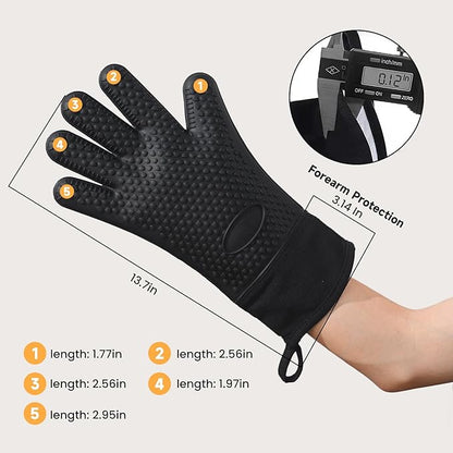 GEEKHOM BBQ Gloves, Grilling Gloves Heat Resistant Oven Gloves, Kitchen Silicone Oven Mitts, Long Waterproof Non-Slip Pot Holder for Barbecue, Cooking, Baking, Black