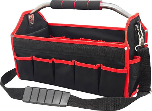 HAUTMEC 16 Inch Tool Bag, Foldable Open Top Tool Tote with Adjustable Shoulder Strap, 16 Pockets, Molded Base & Padded Handle, Portable Electrician Tool Organizer for DIY & Jobsite Use – TB0002