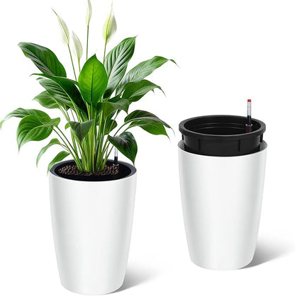 16 in Tall Planters Set of 2, Plant Pots, Self Watering Pots for Indoor Plants, Flower Pots With Built-In Drainage and Visual Water Level Design, for Patio, Porch, Living Room, or Home Office, White