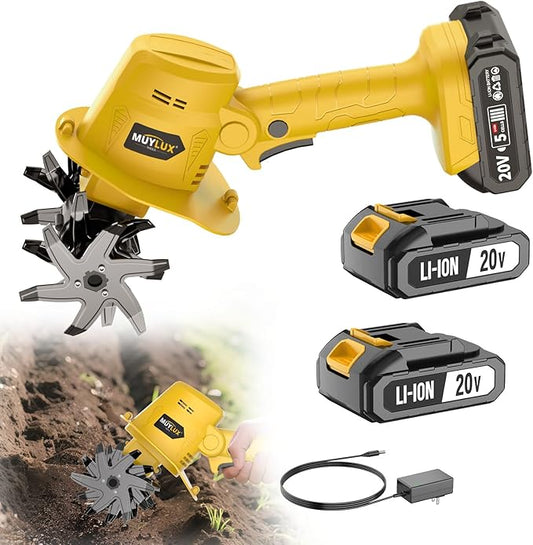 20V Cordless Tiller Cultivator for Gardening, Electric Garden Tiller with 2 x 2.0Ah Batteries & Charger, Garden Rototiller for Lawn Gardening Soil Cultivation, Yellow