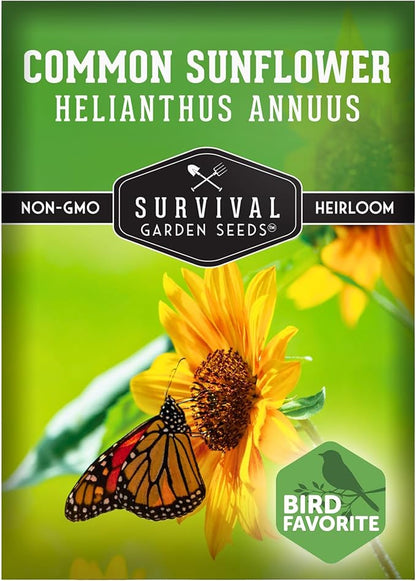 Survival Garden Seeds - Common Sunflower (Helianthus annuus) Seeds for Planting | Giant Bird & Pollinator Magnet | Fast-Growing Native Wildflower - 1 Pack