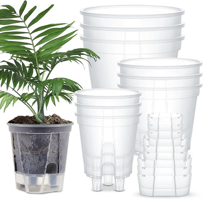 9 Pcs Self Watering Pots for Indoor Plants with Deep Reservoir and High Drainage Holes for Outdoor Plants and Flowers, Bare Root Planter (4.72'',5.91'',7.09'',Clear)