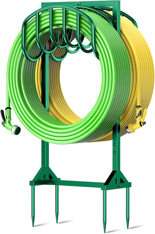 Garden Water Hose Holder Holds 2 * 150Ft Hoses, Heavy-Duty Metal Freestanding Hose Holder with 4 Spikes, Rustproof Garden Hose Hanger Storage for Outside, Yard, Lawn