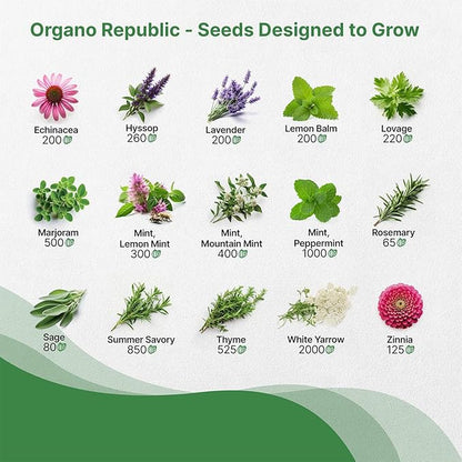 Organo Republic 30 Medicinal Tea Herb & Flower Seeds Variety Pack - 13600+ Non-GMO Heirloom Flower Seeds for Outdoor & Indoor Garden, Including Bergamot, Catnip, Calendula, Dandelion, Lovage, Zinnia