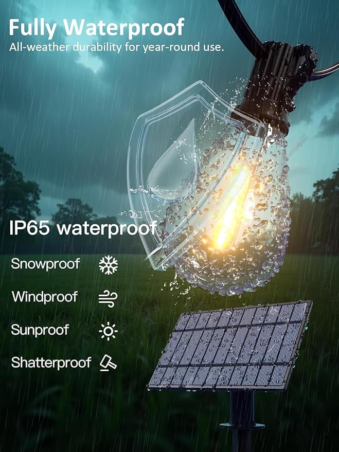 luckystyle 30FT Solar String Lights Outdoor Waterproof 2200K with Remote & USB Charging, 10+1 LED Shatterproof Bulbs, Dimmable & Timable, 3 Light Modes, Long Last for Garden,Patio, Backyard, Camping
