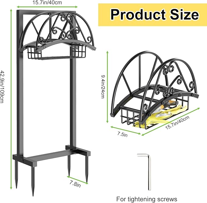 Garden Hose Holder Hanger Freestanding, Upgraded 4 Spikes Heavy Duty Storage Reel Stand with Storage Basket, Holds 150ft Hose for Outside Garden Yard Lawn vegetable patch
