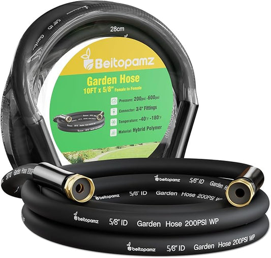 Short Garden Hose 10 ft x 5/8" Female to Female Hose Adapter, Heavy Duty Small Water Hose Extend Connector, Leak-Free Connections Hybrid Rubber Leader Hose with 3/4" Double GHT Fittings, BT10FF, Black