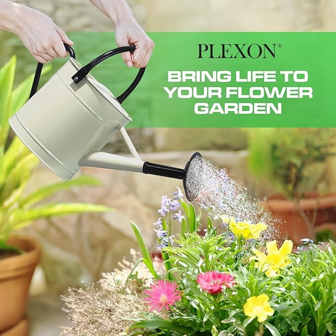 Plexon 1 Gallon Metal Watering Can Outdoor, Flower Plant Gardening Garden Large Watering Can Pot, Black Galvanized Steel Handles and Removable Spray Spout, Off-White
