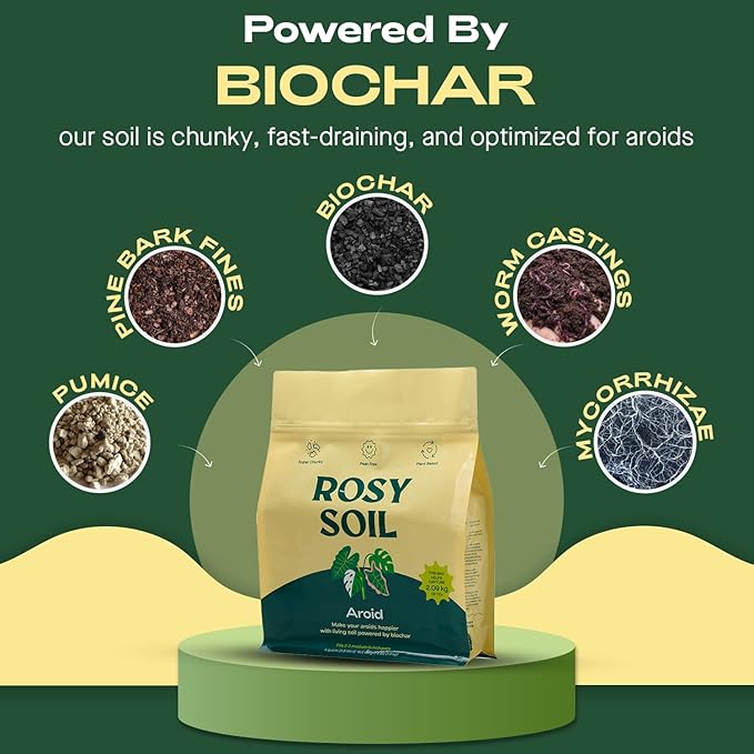 Rosy Soil Aroid Soil Potting Mix - Peat-Free, Microbially Active Biochar Powered Soil for Aroids - Superior Aeration & Drainage for Aroid Plants - Ideal for Indoor Gardening - 4 Quarts