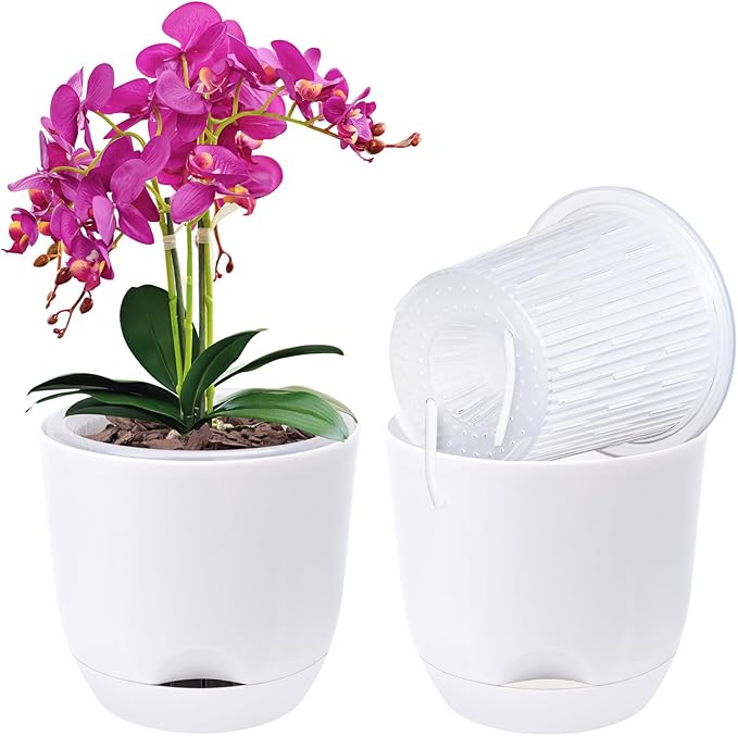 QCQHDU 2 Pack 5.7Inch Orchid Pots with Holes for Repotting, Double-Layer and Self Watering Orchid Pot with Good Air Circulation