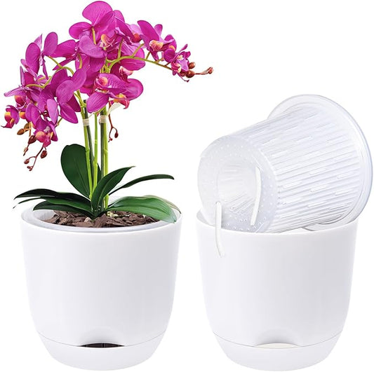 QCQHDU 2 Pack 5.7Inch Orchid Pots with Holes for Repotting, Double-Layer and Self Watering Orchid Pot with Good Air Circulation