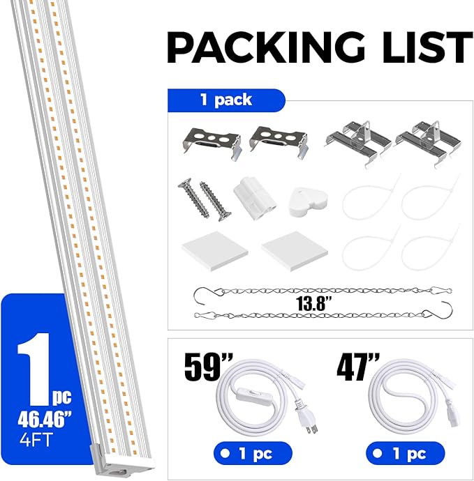 Barrina TX-S60 4FT Grow Light for Indoor Plants, 60W(420W Equivalent), Full Spectrum, High PPFD, Super Bright, Linkable, Grow Lights for Seed Starting, Greenhouse, Vegetables with On/Off Switch 1 Pack