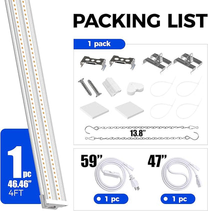Barrina TX-S60 4FT Grow Light for Indoor Plants, 60W(420W Equivalent), Full Spectrum, High PPFD, Super Bright, Linkable, Grow Lights for Seed Starting, Greenhouse, Vegetables with On/Off Switch 1 Pack