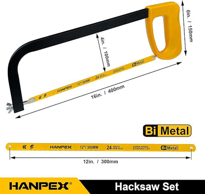 12in. High-Tension Hacksaw Frame with 10pcs Extra Bi-metal Blades, Hand Saw Suitable for Metal, wood, PVC, Carpentry