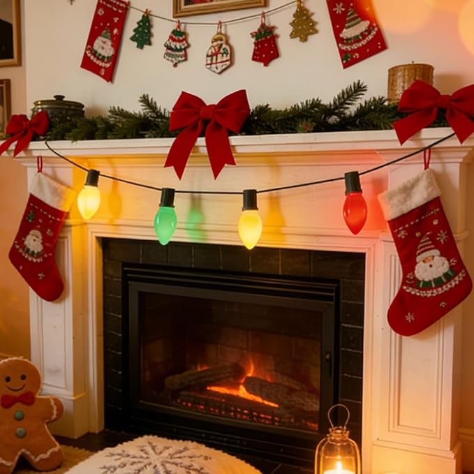 C9 LED Christmas Lights Outdoor, 25Ft Outdoor Christmas Decorations String Lights with 26 C9 LED Red White Green Bulbs, Hanging Vintage Christmas Light for Garden Party Porch Pathway Roofline