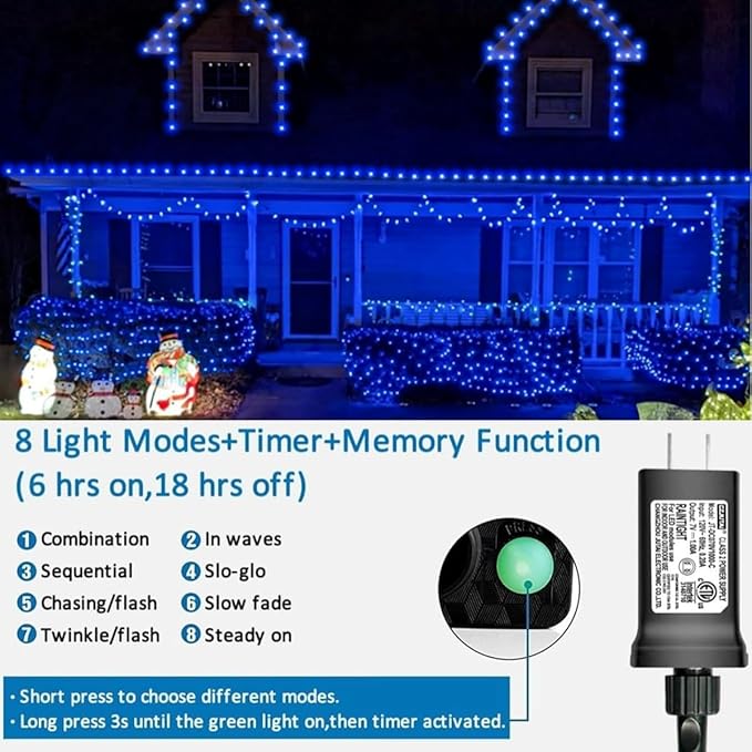 YEGUO 165ft 500 LED Blue Christmas Lights Outdoor Waterproof, Clear Wire String Lights Indoor Plug in, 8 Modes Twinkle Tree Light for Xmas Party Garden