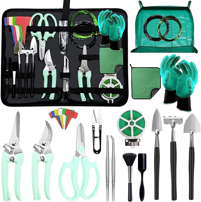 Bonsai Tools Set for Beginners, Bonsai Tree Kit with Training Wire, Scissors, Pruning Shears, Repotting Kit, Indoor Plant Tools Starter Kit (Green)