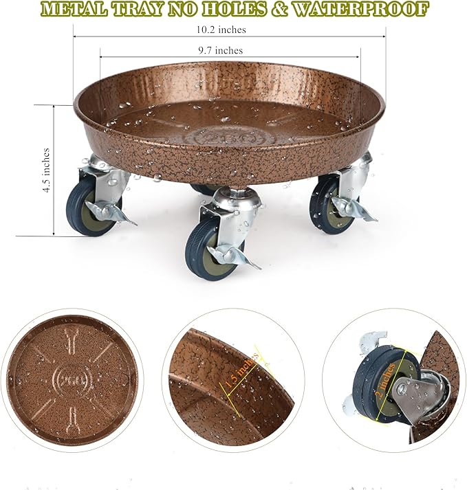 10" Plant Caddy with Wheels, Rolling Plant Stand 180 LBS Heavy Duty Metal Tray NO Holes with Large Metal 360° Lockable Caster Wheels for Outdoor Indoor Large Plant Pots, Flower Pot, Patio, 1 Pack
