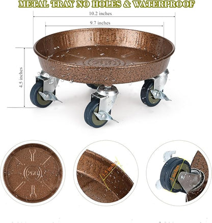 10" Plant Caddy with Wheels, Rolling Plant Stand 180 LBS Heavy Duty Metal Tray NO Holes with Large Metal 360° Lockable Caster Wheels for Outdoor Indoor Large Plant Pots, Flower Pot, Patio, 1 Pack
