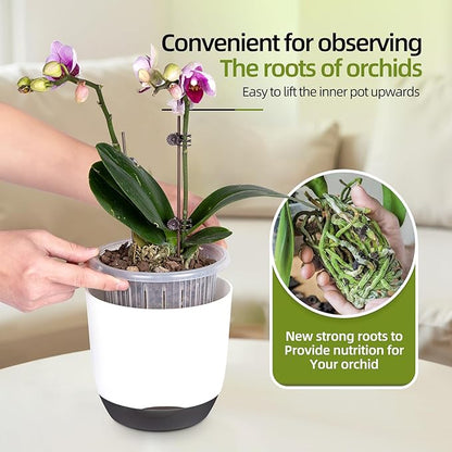 QCQHDU 2 Pack 5.7 Inch Orchid Pots with Holes for Repotting, Double-Layer and Self Watering Orchid Pot with Good Air Circulation