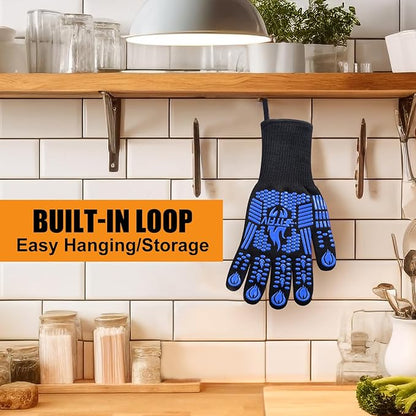 BBQ Gloves, Oven Gloves, Extreme Heat Resistant Barbecue Gloves, Silicone Non-Slip Oven Mitts, Kitchen Gloves for Cooking, Grilling, and Baking (Blue)