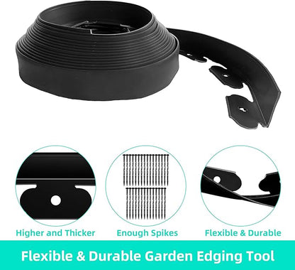 Landscape Edging Coil 66 FT, 2 Inch Tall Garden Edging Border Flexible Lawn Edging Kit with 60 Spikes, Plastic Edging for Landscaping Flower Beds Yard Pathway Paver Edging (2IN x 66FT, Black)