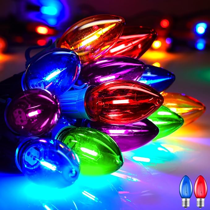 Multicolor C7 LED Christmas String Lights, 25FT C7 Vintage Christmas Lights with 26 Bulbs(1 Spare), Commercial Connectable Christmas Tree Lights for Xmas Holiday Roofline Garden Wedding Decor