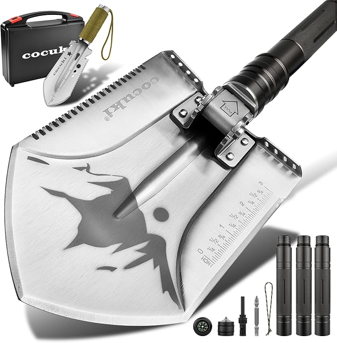 Camping Shovel Survival Kit, 2.0 Version One-Click Conversion Military Grade Multifunctional Folding Tactical Shovel with Titanium Backpacing Trowel for Camping, Emergency, Gardening, Hiking