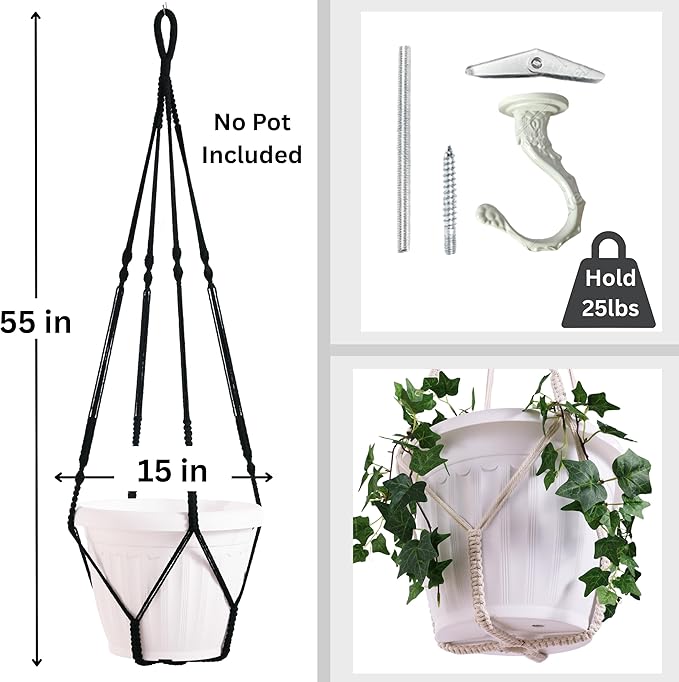 2 Pack Giant XXL 55 Inches Macrame Planter Hanger Large for 15 inch Pot + Swag Hook | Extra Large Hanging Planter for Indoor Plants | No Pot/Plant Included (XXL Black)