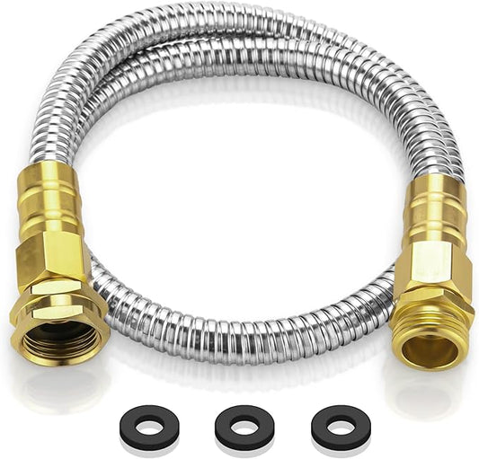 Garden Hose 3 FT, 304 Stainless Steel Metal Water Hose, Heavy Duty Flexible Leader Hose, Short Water Hose Kink Free Hose for Rv, Outdoor, Yard, No Bite, Leak proof and Durable