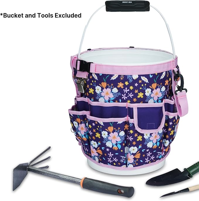 MELOTOUGH Bucket Caddy Organizer Bucket Tool Organizer for Garden Tools Fit 3.5 to 5 Gallon Bucket (Purple Flower)