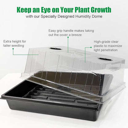 12-Pack Seed Starter Trays with 5'' Tall Humidity Domes – Thick Plastic, Reusable Seedling Tray with Clear Lids for Strong Plant Germination, Ideal Microgreen Growing Trays for Faster Seed Propagation