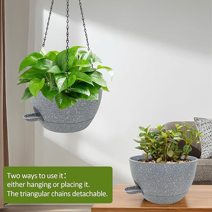 WOUSIWER Self Watering Hanging Planters, 2 Pack 10'' Plastic Pots with Drainage Holes & Reservoir Tray (Speckled Grey) | Indoor & Outdoor Use for Ferns, Ivy, Herbs, Succulents