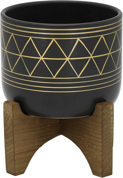 Flora Bunda 5" Black Pot Gold Line Ceramic Geometric Planter W/Wood Stand Planter Mid Century